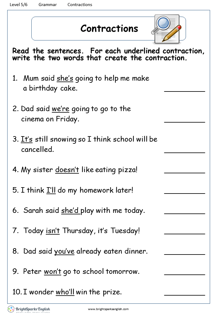 Contractions Multiple Choice Worksheet