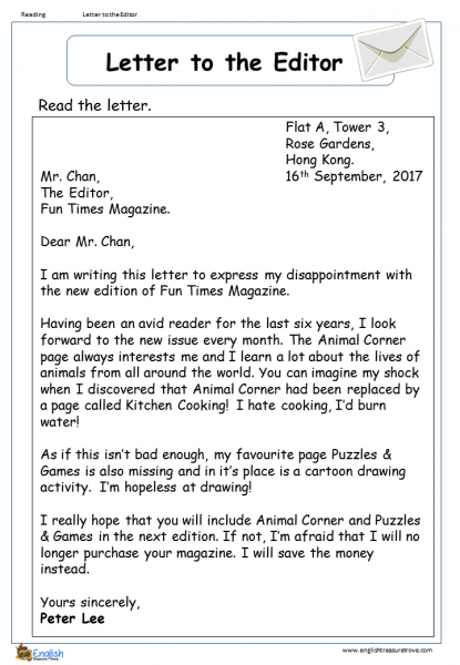 Letter To The Editor Reading Comprehension Worksheet English Treasure Trove