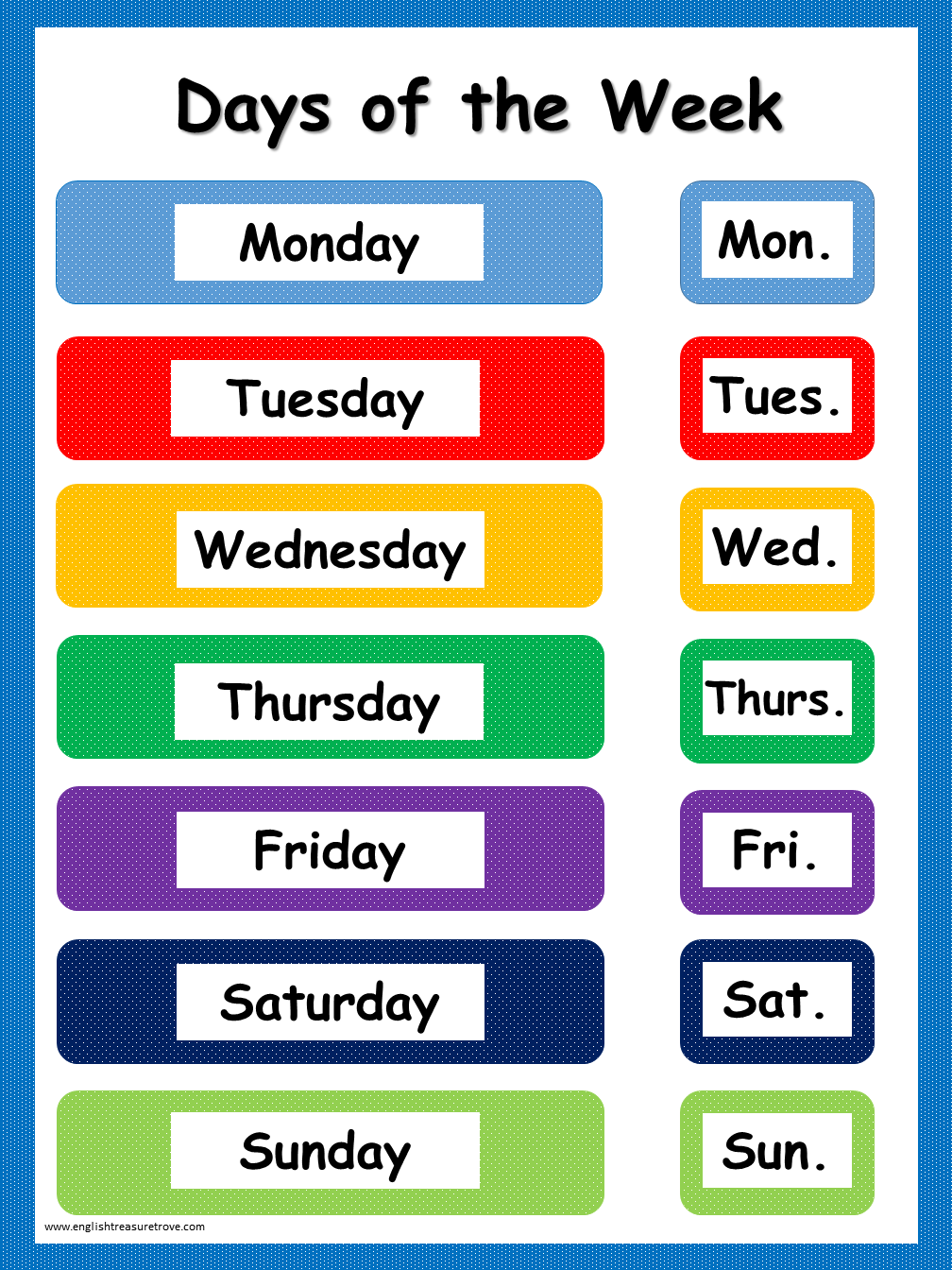 Days Of The Week Flashcards Printable