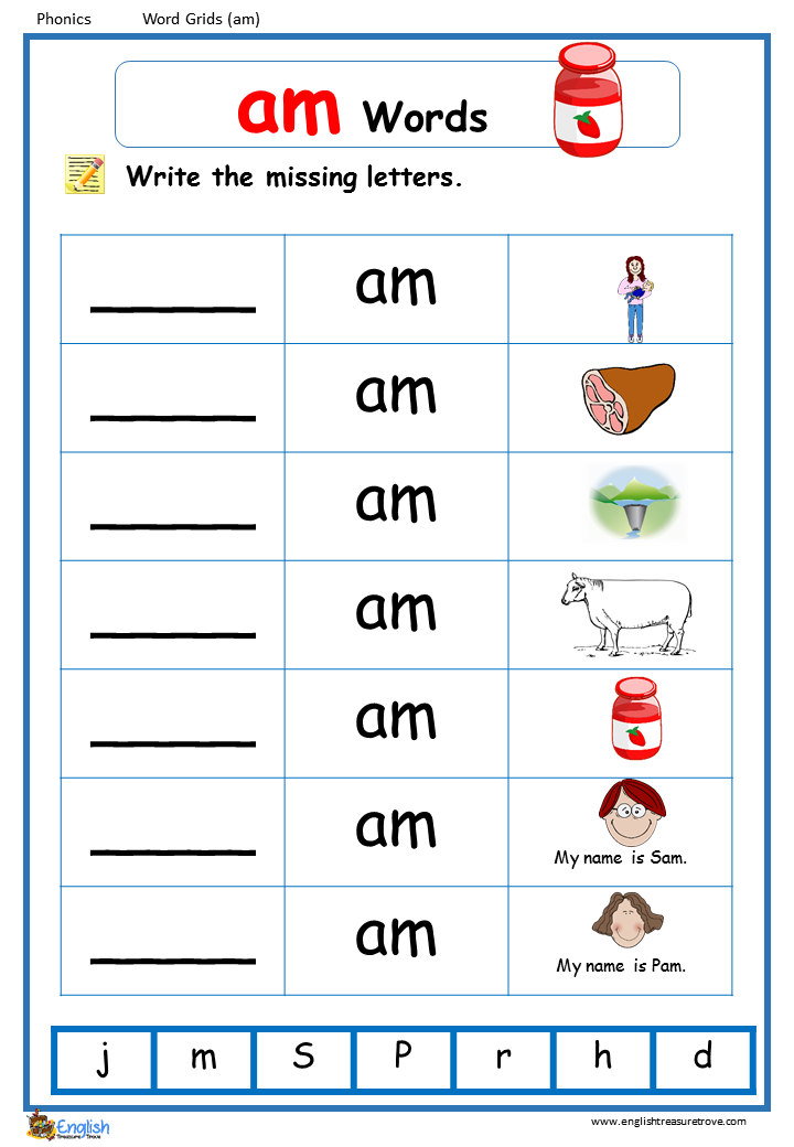 word family am word grids english phonics worksheet